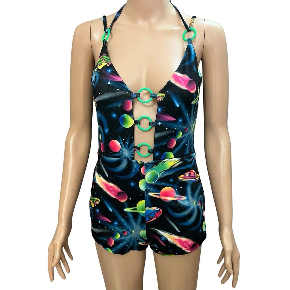 Dolls Kill Club Exx Space Odyssey Romper Large Rave Galaxy Celestial Festival